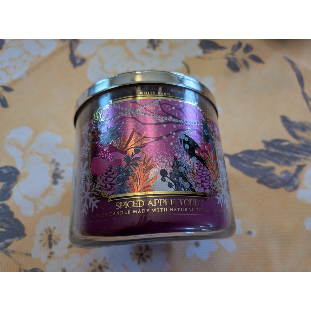 White Barn Spiced Apple Toddy 3-Wick Candle - Purple Glass Jar & Embossed‎ Lid